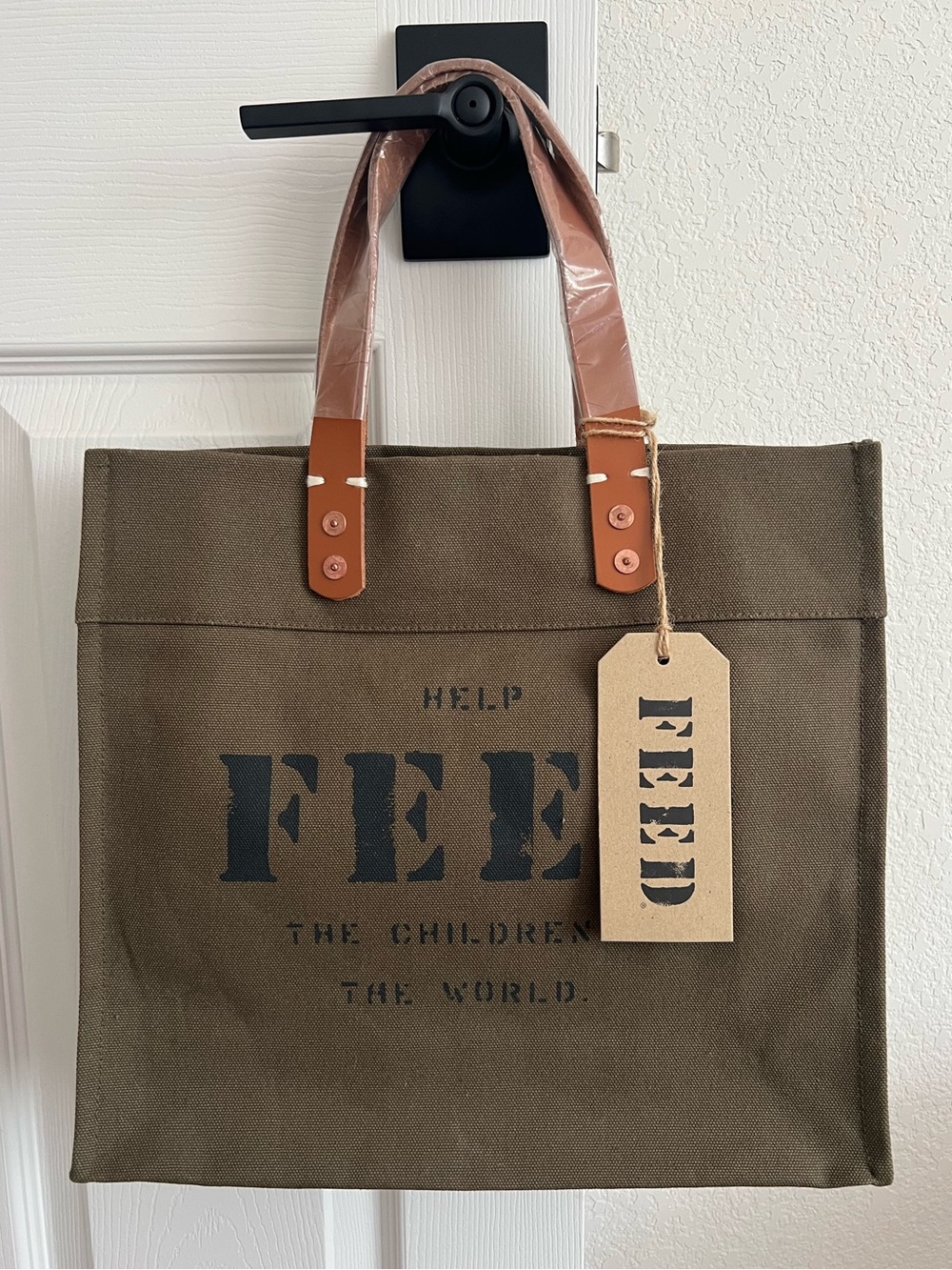 FEED Olive Canvas Tote with Tan Handles
